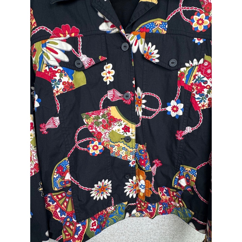Anne Carson Cotton Jacket — M — Black Floral Fan Print Y2K Cropped Trucker - Picture 5 of 10
